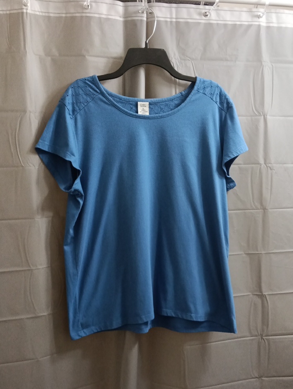croft & barrow Blue Short Sleeve Top with Crochet Shoulder Detail